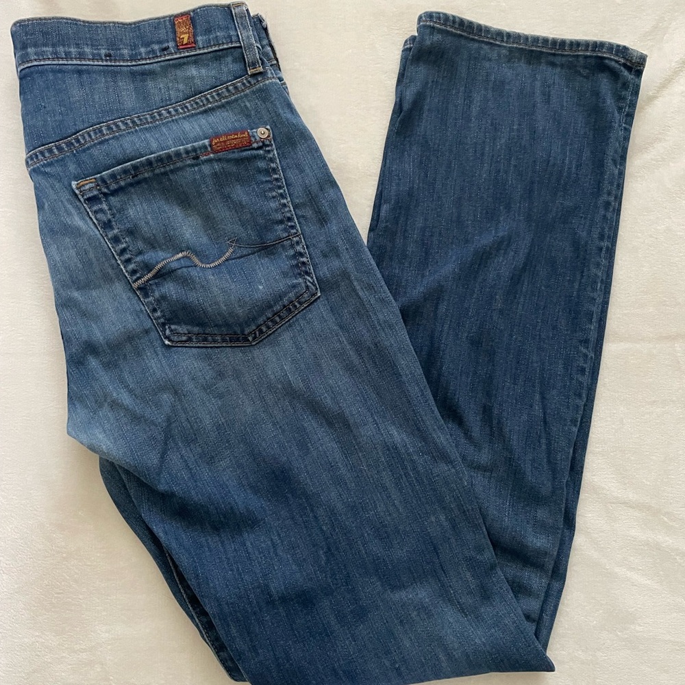 7 For All Mankind Blue Medium-Dark Wash Denim High Rise Straight Jeans